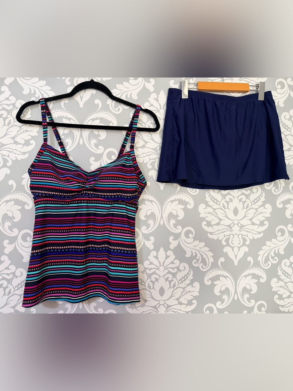 • Krista Striped Tankini Top and Navy Swim Skirt